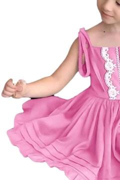 Kız Çocuk İp Askılı Bağlamalı Göğsü Dantel İşlemeli Pileli Pembe Keten Elbise