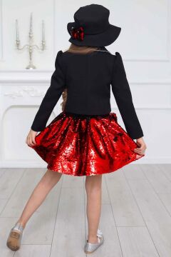 Kız Çocuk Kruvaze Yaka Kenarlar Taş Şerit İşlemeli Ceket Kırmızı Pullu Etekli Takım