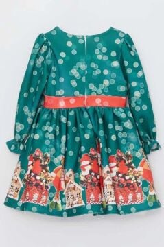 Kız Çocuk Üzeri Ev ve Ayıcık Desenli Beli Şerit Üzeri Puantiyeli Yeşil Noel Elbise