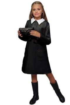 Kız Çocuk Blazer Ceketli Bebe Yaka Sıfır Kol Triko Siyah Elbise