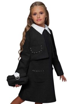 Kız Çocuk Blazer Ceketli Bebe Yaka Sıfır Kol Triko Siyah Elbise