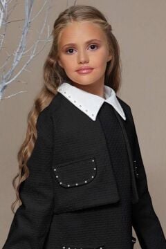 Kız Çocuk Blazer Ceketli Bebe Yaka Sıfır Kol Triko Siyah Elbise