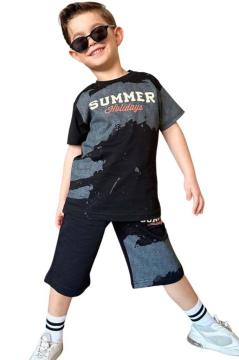 Erkek Çocuk Summer Yazı Baskılı  Cep ve İp Detaylı Siyah Şortlu Takım