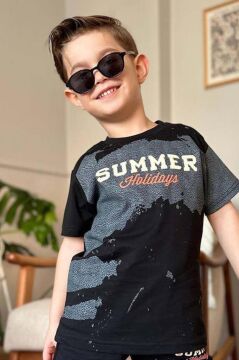 Erkek Çocuk Summer Yazı Baskılı  Cep ve İp Detaylı Siyah Şortlu Takım