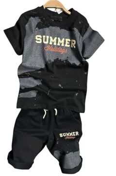 Erkek Çocuk Summer Yazı Baskılı  Cep ve İp Detaylı Siyah Şortlu Takım