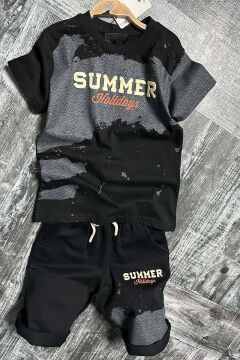 Erkek Çocuk Summer Yazı Baskılı  Cep ve İp Detaylı Siyah Şortlu Takım