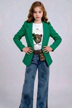 Kız Çocuk Leopar Detaylı Tişört ve Yırtmaçlı Geniş Paça Kot Pantolonlu Yeşil Blazer Ceketli Alt Üst Takım