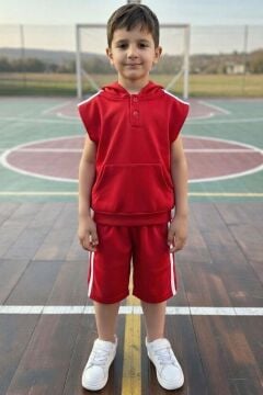 Erkek Çocuk Bisiklet Yaka T-shirt,Kanguru Cepli Kolsuz Sweathirt Şerit Detaylı Kapri Eşofman Takım