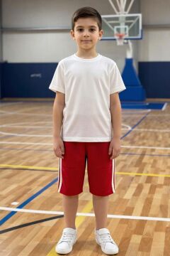 Erkek Çocuk Bisiklet Yaka T-shirt,Kanguru Cepli Kolsuz Sweathirt Şerit Detaylı Kapri Eşofman Takım