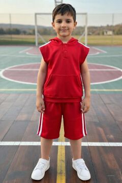 Erkek Çocuk Bisiklet Yaka T-shirt,Kanguru Cepli Kolsuz Sweathirt Şerit Detaylı Kapri Eşofman Takım