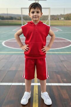 Erkek Çocuk Bisiklet Yaka T-shirt,Kanguru Cepli Kolsuz Sweathirt Şerit Detaylı Kapri Eşofman Takım