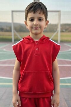 Erkek Çocuk Bisiklet Yaka T-shirt,Kanguru Cepli Kolsuz Sweathirt Şerit Detaylı Kapri Eşofman Takım