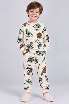 Erkek Çocuk Üzerinde Dino ve Kaykay Baskılı Krem Pijama Takımı