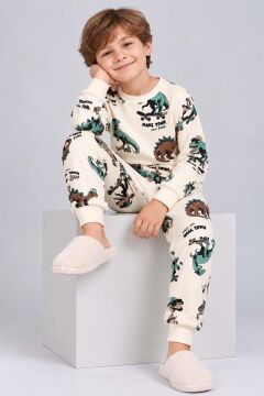 Erkek Çocuk Üzerinde Dino ve Kaykay Baskılı Krem Pijama Takımı