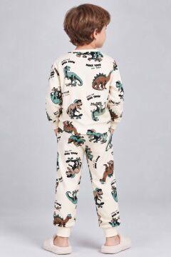 Erkek Çocuk Üzerinde Dino ve Kaykay Baskılı Krem Pijama Takımı