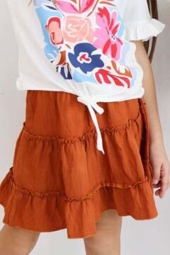 Kız Çocuk Çiçek Baskılı Fıfır Detaylı Kiremit Etekli Takım