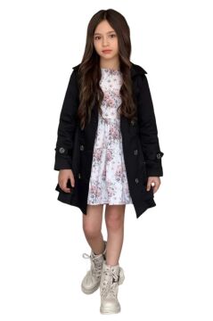 Kız Çocuk Çiçek Desenli Piliseli Siyah Trençkotlu Elbise