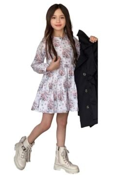 Kız Çocuk Çiçek Desenli Piliseli Siyah Trençkotlu Elbise