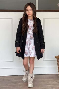 Kız Çocuk Çiçek Desenli Piliseli Siyah Trençkotlu Elbise