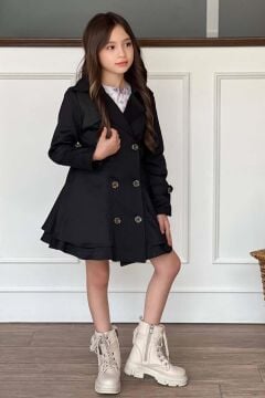 Kız Çocuk Çiçek Desenli Piliseli Siyah Trençkotlu Elbise