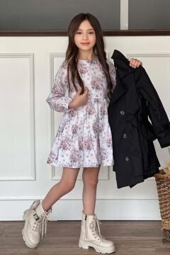 Kız Çocuk Çiçek Desenli Piliseli Siyah Trençkotlu Elbise