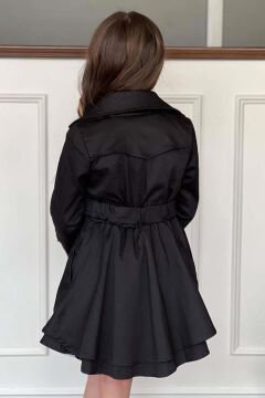 Kız Çocuk Çiçek Desenli Piliseli Siyah Trençkotlu Elbise