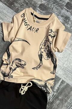 Erkek Çocuk Dinosaur Yazı ve Görsel Baskılı Suprem Bej Tişört Şortlu Takım