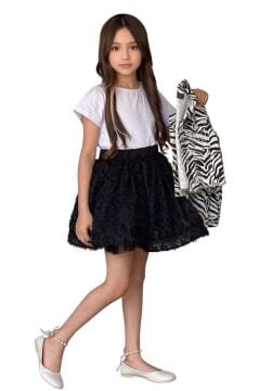 Kız Çocuk Bisiklet Yaka Penye T-shirt Zebra Desenli Jean Ceket Üzeri Kırçıllı Siyah Etekli Takım