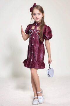 Kız Çocuk Göğsü Yırtmaç Detaylı Elmas Kalp İşlemeli Balon Kollu Bordo Kot Elbise