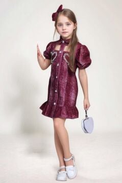 Kız Çocuk Göğsü Yırtmaç Detaylı Elmas Kalp İşlemeli Balon Kollu Bordo Kot Elbise