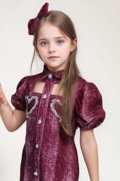 Kız Çocuk Göğsü Yırtmaç Detaylı Elmas Kalp İşlemeli Balon Kollu Bordo Kot Elbise