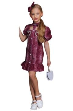 Kız Çocuk Göğsü Yırtmaç Detaylı Elmas Kalp İşlemeli Balon Kollu Bordo Kot Elbise