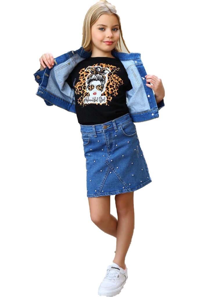 Kız Çocuk Omuzu Yırtmaç Detaylı Taş İşlemeli Jean Mavi Etekli Takım