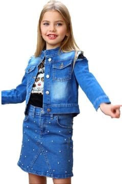 Kız Çocuk Omuzu Yırtmaç Detaylı Taş İşlemeli Jean Mavi Etekli Takım