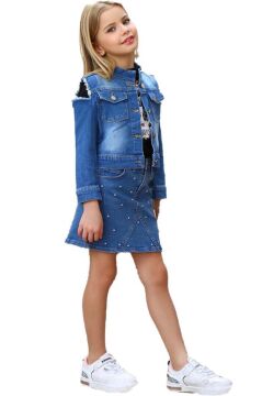 Kız Çocuk Omuzu Yırtmaç Detaylı Taş İşlemeli Jean Mavi Etekli Takım
