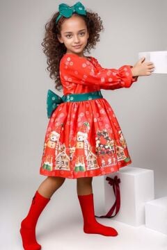 Kız Çocuk Üzeri Ev ve Ayıcık Desenli Beli Şerit Üzeri Puantiyeli Kırmızı Noel Elbise