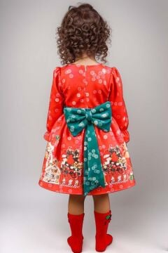 Kız Çocuk Üzeri Ev ve Ayıcık Desenli Beli Şerit Üzeri Puantiyeli Kırmızı Noel Elbise