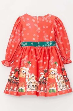 Kız Çocuk Üzeri Ev ve Ayıcık Desenli Beli Şerit Üzeri Puantiyeli Kırmızı Noel Elbise