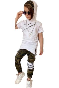 Erkek Çocuk Gögsü Yırtmaç Detaylı Kapüşonlu T-Shirt Kamuflaj Desenli Eşofman Takım