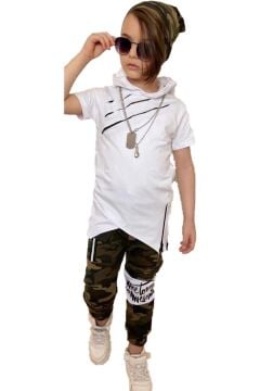 Erkek Çocuk Gögsü Yırtmaç Detaylı Kapüşonlu T-Shirt Kamuflaj Desenli Eşofman Takım