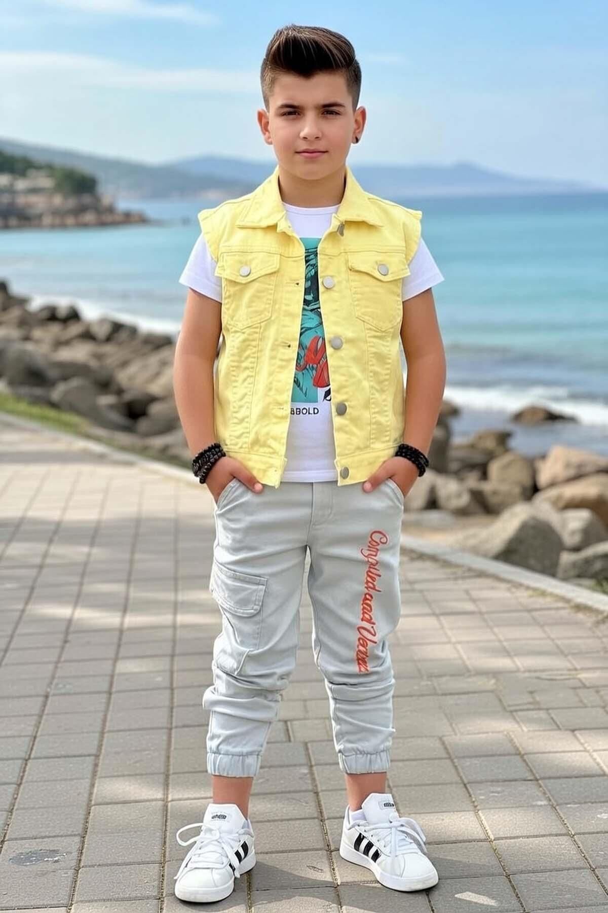 Erkek Çocuk Sırtı Tiger Yazı Baskılı Kolsuz Sarı Kot Ceket ve Baskılı T-shirt Alt Üst Takım