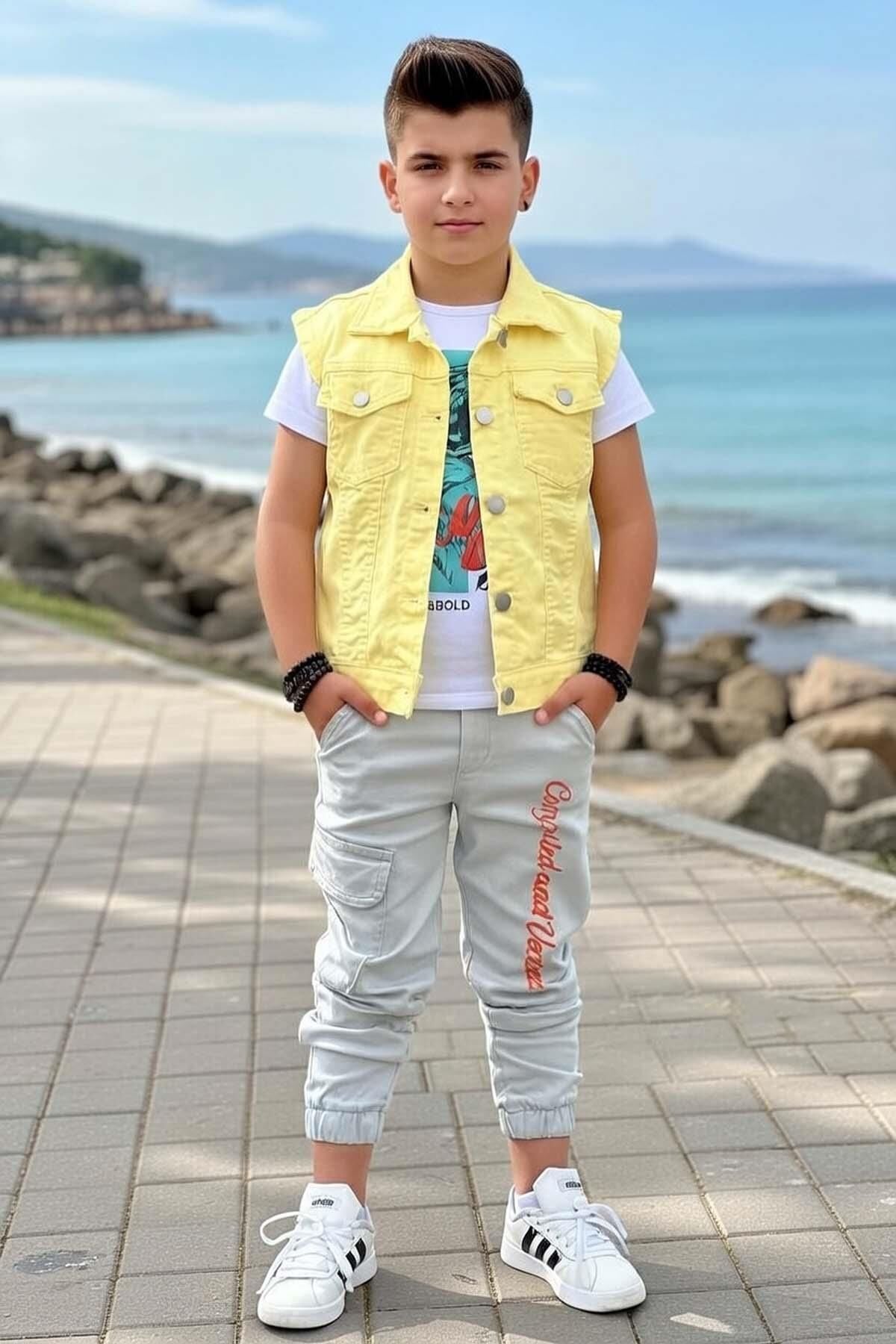 Erkek Çocuk Sırtı Tiger Yazı Baskılı Kolsuz Sarı Kot Ceket ve Baskılı T-shirt Alt Üst Takım