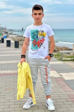 Erkek Çocuk Sırtı Tiger Yazı Baskılı Kolsuz Sarı Kot Ceket ve Baskılı T-shirt Alt Üst Takım