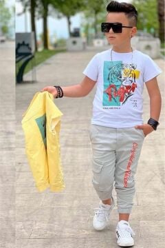 Erkek Çocuk Sırtı Tiger Yazı Baskılı Kolsuz Sarı Kot Ceket ve Baskılı T-shirt Alt Üst Takım