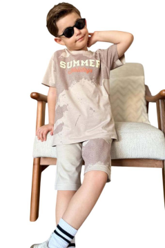 Erkek Çocuk Summer Yazı Baskılı  Cep ve İp Detaylı Bej Şortlu Takım