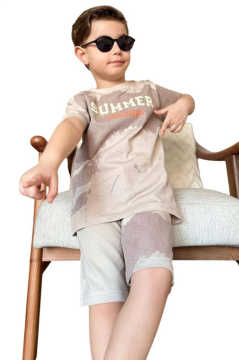 Erkek Çocuk Summer Yazı Baskılı  Cep ve İp Detaylı Bej Şortlu Takım