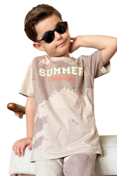 Erkek Çocuk Summer Yazı Baskılı  Cep ve İp Detaylı Bej Şortlu Takım