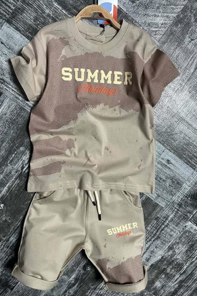 Erkek Çocuk Summer Yazı Baskılı  Cep ve İp Detaylı Bej Şortlu Takım
