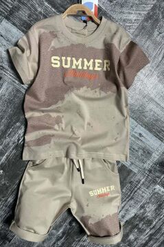 Erkek Çocuk Summer Yazı Baskılı  Cep ve İp Detaylı Bej Şortlu Takım