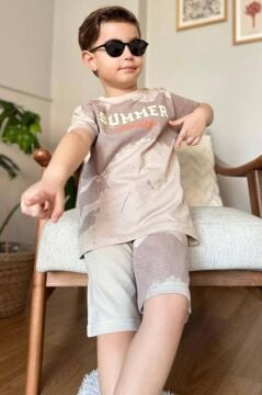 Erkek Çocuk Summer Yazı Baskılı  Cep ve İp Detaylı Bej Şortlu Takım